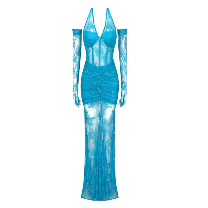 Satin Halter Bustier Lace Mermaid Maxi Dress - Hot fashionista